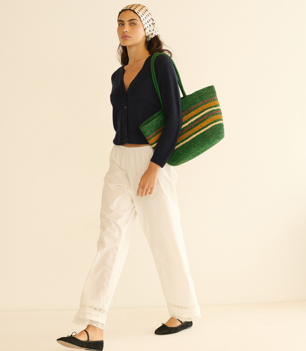 HARBOUR TOTE -- GREEN STRIPED RAFFIA